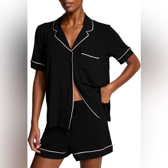 Victoria's Secret Black Pajama Set with Pink Trim - Picture 1 of 12